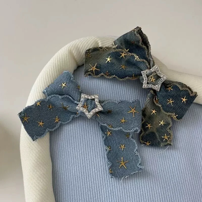

2 Pcs Women's Barrettes Set Denim Bow Star Rhinestone Hair Accessory Y2k Sweet Cool Fashion Korean Headwear Hair Clips For Girl