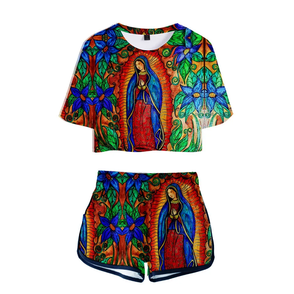 Virgin Mary Print T shirt Women Short Sleeve Crop Tops+Shorts Girls Original of Our Lady Guadalupe suits Two Piece Set