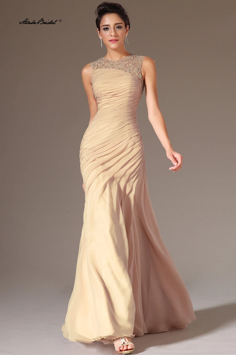 

Длинные вечерние платья Шифоновые платья цвета шампанского для выпускного вечера с круглым вырезом и складками Вечерние вечерние платья русалки