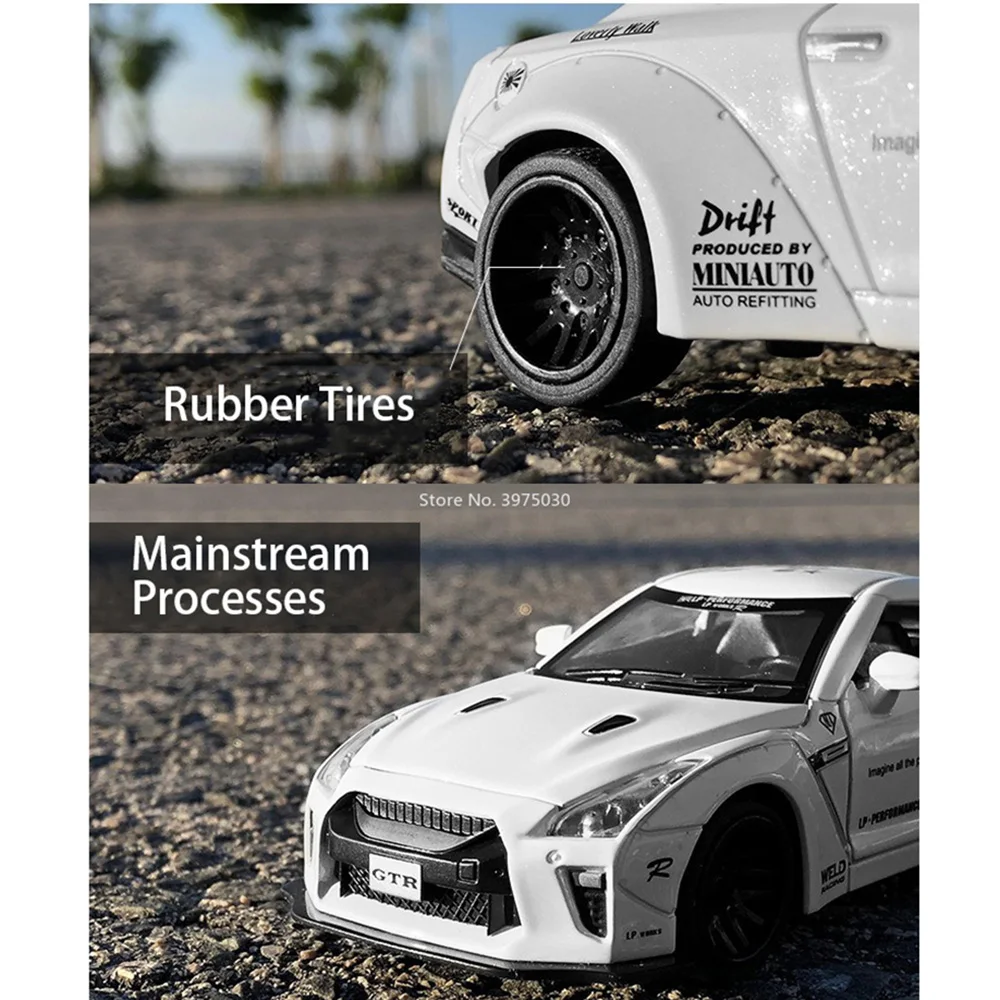 1/32 Schaal Legering Diecast Nissan GTR Sport Auto Model Speelgoed Deuren Opend Pull Back Geluid Muziek Miniatuur Voertuig Kid Geschenken Collectie