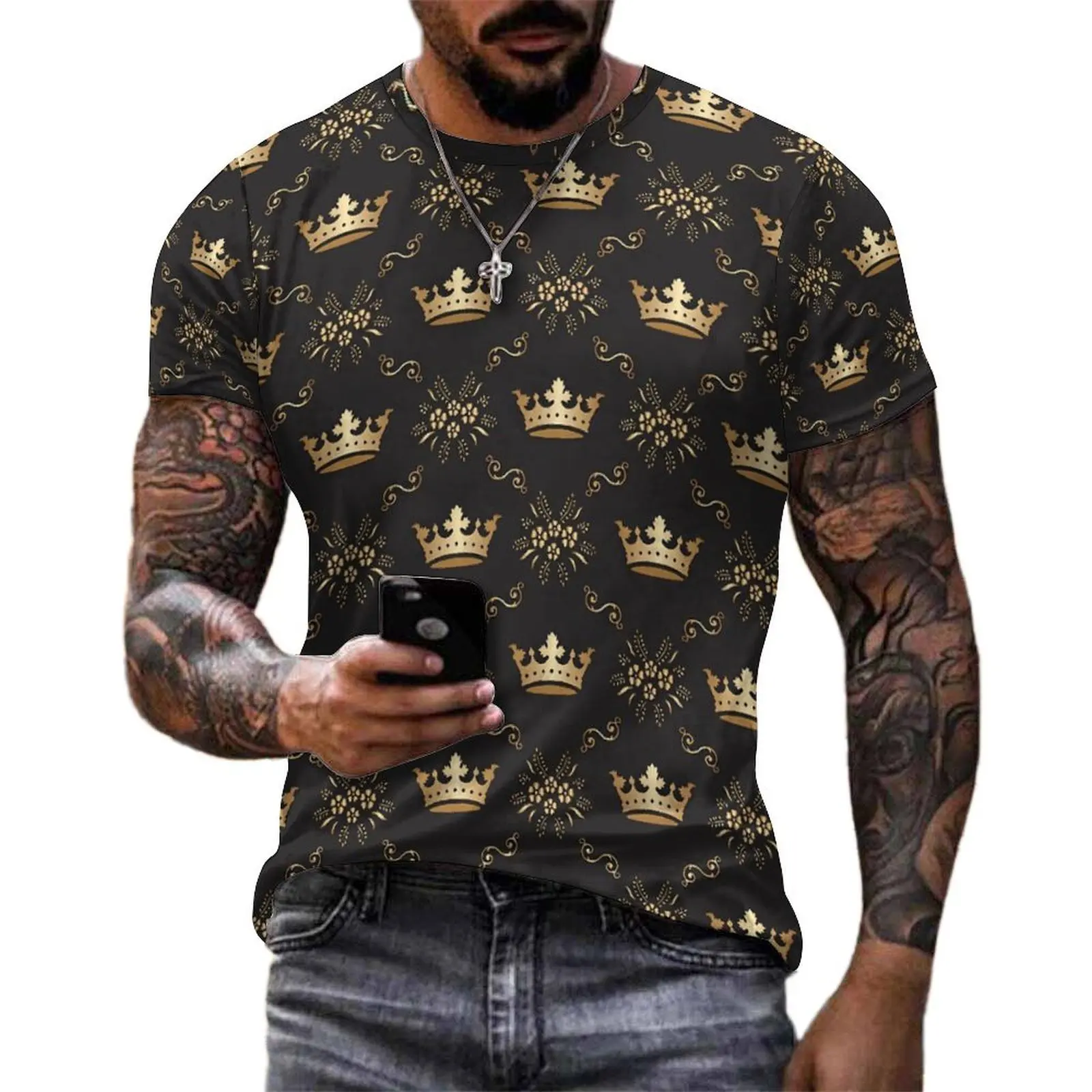 Oversized T-Shirt Summer Gold Queen Crown T Shirts Retro Print Casual O Neck Tshirt Men Trendy Graphic Top Tees