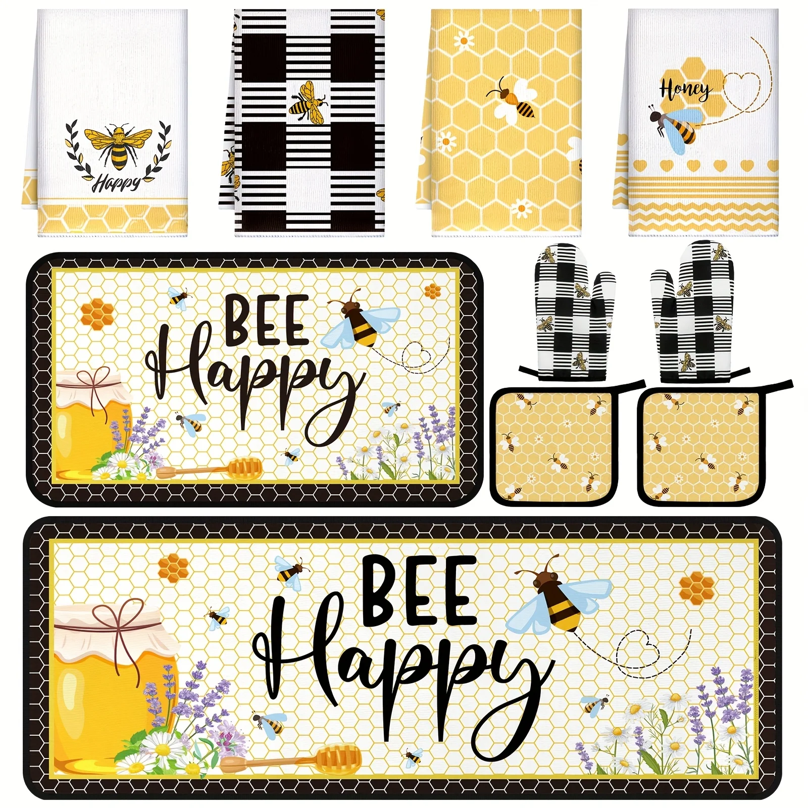 

Gift for Her/Him 10pcs Bee Kitchen Dish Towels Rugs Oven Mitts And Pot Holders Set Farmhouse Kitchen Decor Set for Women Mom Daughter Gift Cooking Baking Grilling Party Packs (Cute Yellow Black)
