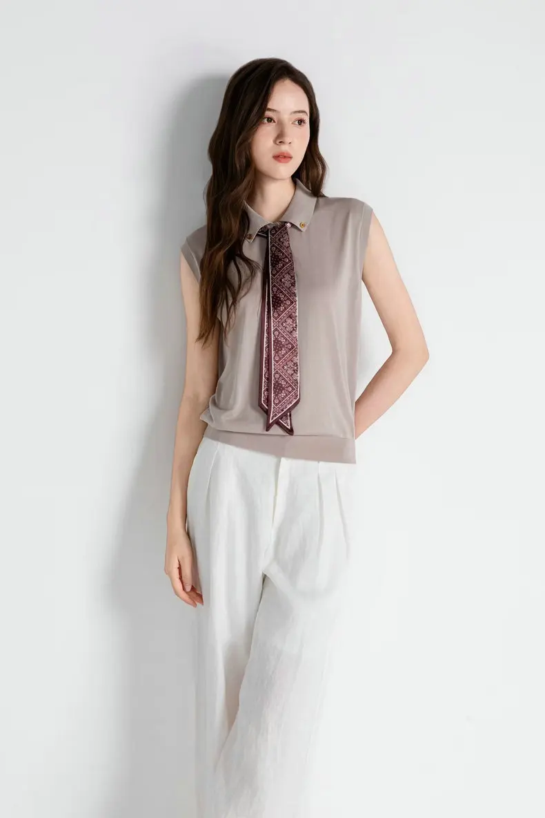 Spring/Summer New Arrival: Women's Sleeveless Knitted Top — Collared, Silk-Blend, with Ribbon Tie-Detail (Commuter Style)