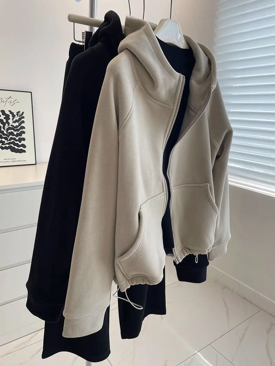 Thickened Fleece Hooded Sweatshirt Jacket Women's Autumn Winter Slimming Small Size Casual Zipper Shirt Korean Style Coat