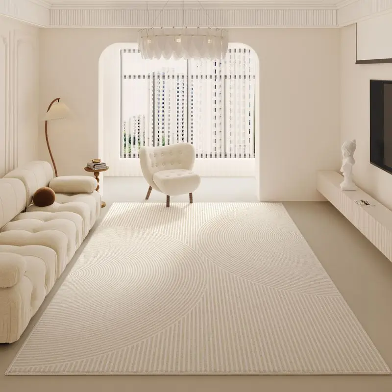 VIKAMA French Cream-Style Striped Rug Machine-Washable Living Room Floor Mat Neutral Bedroom Decorative Home Decor