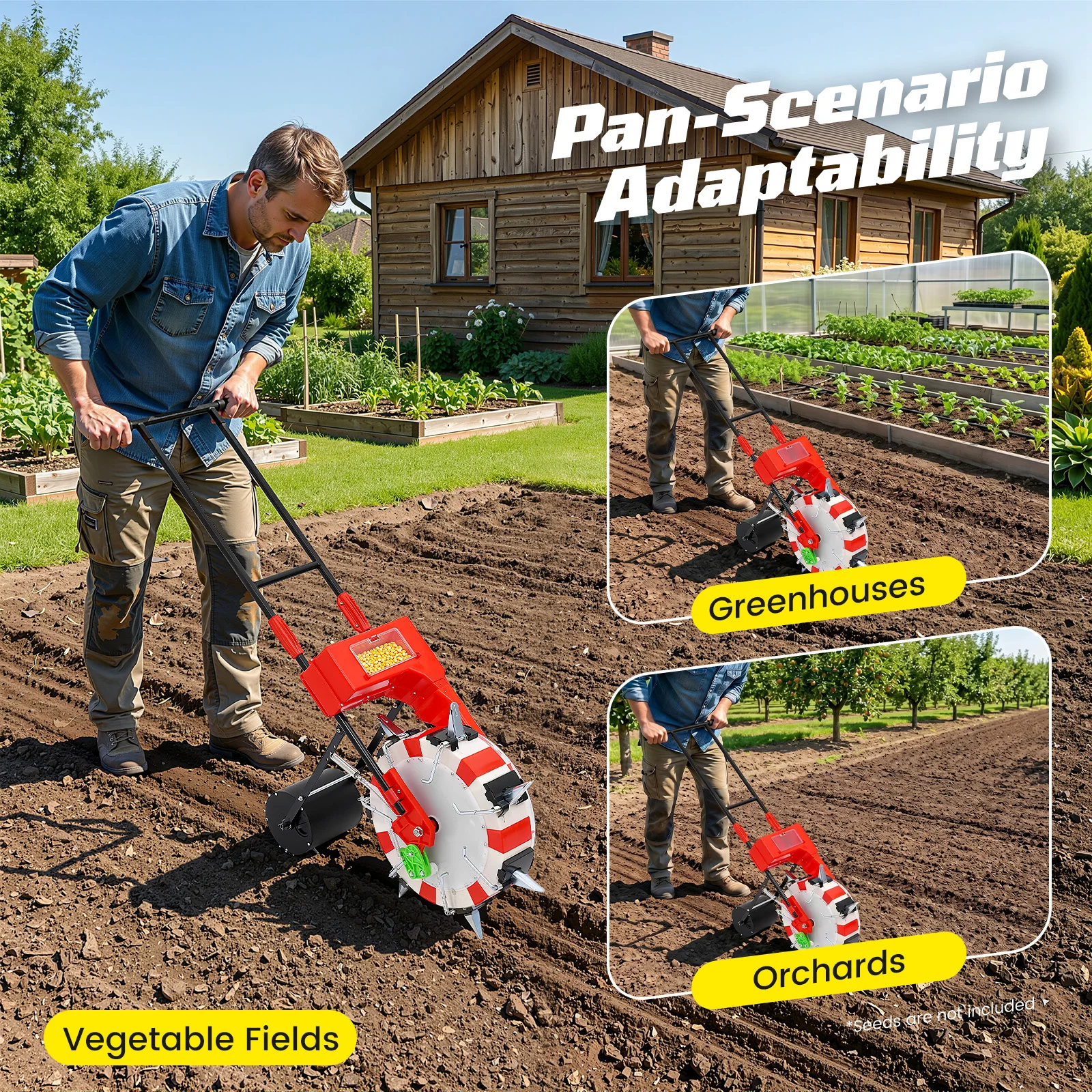 Hand-push Manual Garden Seeder Planter, Adjustable Depth 7 Nozzles Seeding Machine for Vegetable Corn Soybean Sowing