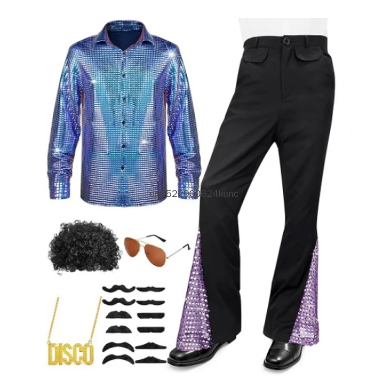 70s Vintage Disco Costume for Men Shiny Golden Shirt Flared Pants with Accessories Adult Halloween Party Performance Outfits view 5
