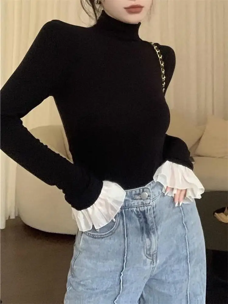 Koreaanse coltrui met lange mouwen Basic T-shirt voor dames Herfst en winter Slanke zwarte warme top Mode magere elegante dame T-shirt