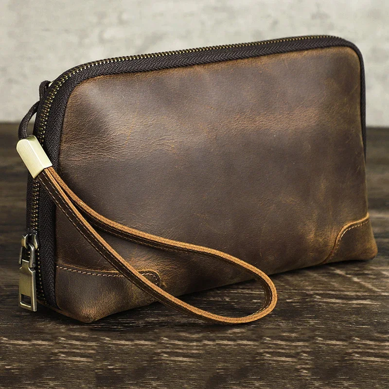 Vintage Men's Genuine Leather Clutch Bag Brown Cow Leather Storage Bag travel Toiletry kits wash bag genuine leather men women