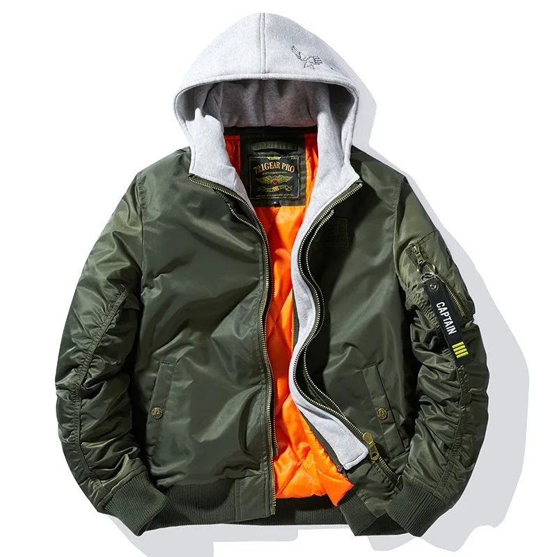 Men's Winter Warm Flight Bomber Jacket With Removable Hood Fashion Air Force Overcoat Cotton Padded Thick Pilot Outerwear
