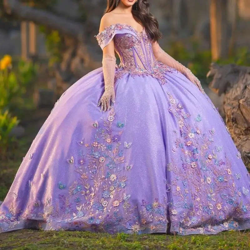 

Lavender Shiny Princess Quinceanera Dresses Ball Gown Off The Shoulder Applique Bow Beads Tull Corset Sweet 16 Vestidos De XV