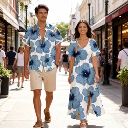 XS-3XL Plus Size Matching Hawaii Beach Outfit For Couples Flower Leaf Colorblock 3D Printed Split Dress And Buttons Men's Shirt