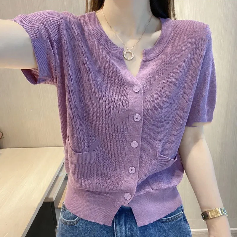 

ort Sve вязаный открытый кардиган из ледяного шелка, повседневная свободная тонкая футболка простого цвета, круглая футболка Ne, женская модная летняя футболка