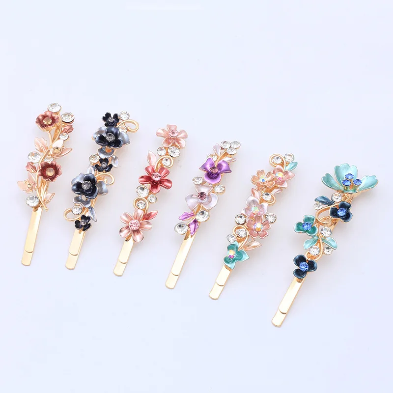 Vintage Flower Hair Pins Women Barrette Bobby Decorative Metal Gold Tone Hairpins Colorful Floral  Hair Clips French Rhinestone