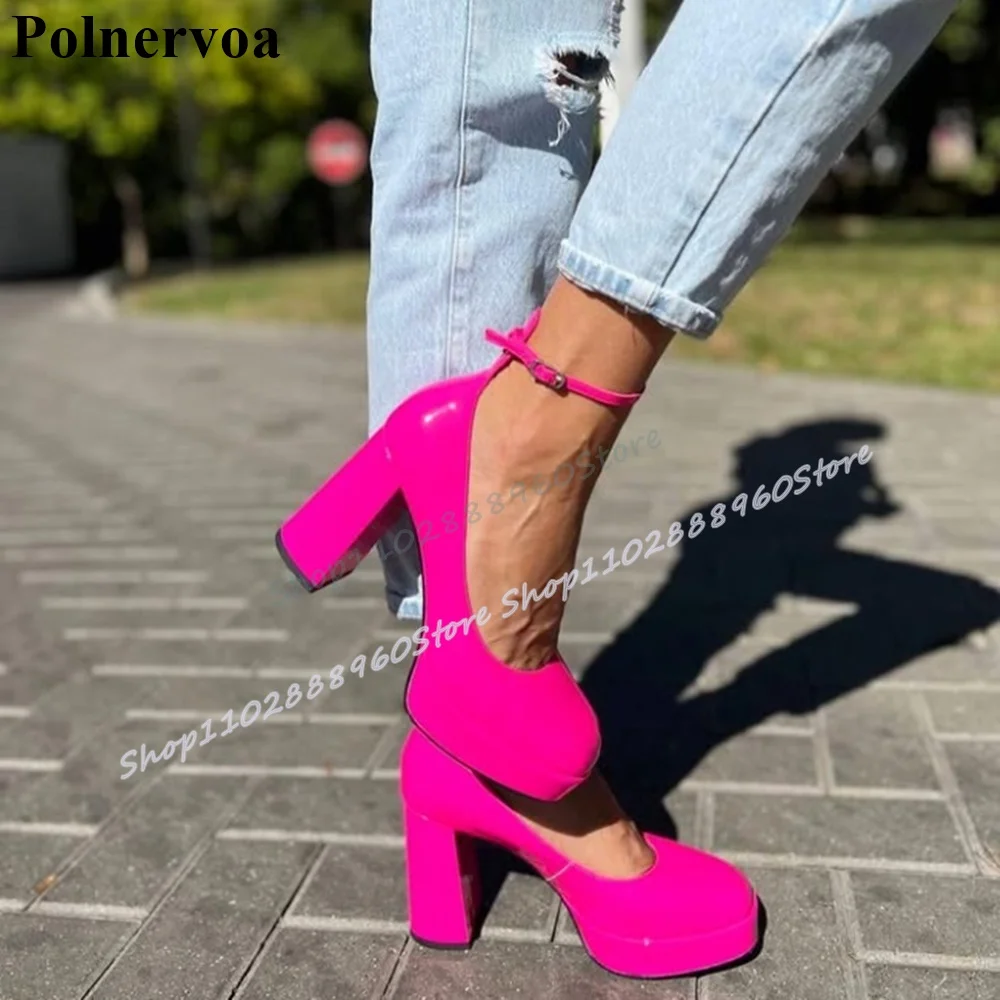 

Solid Glossy Leather Platform Pumps Chunky High Heel Women Shoes Ankle Buckle Strap Round Toe Fashionable Gorgeous Women Pumps