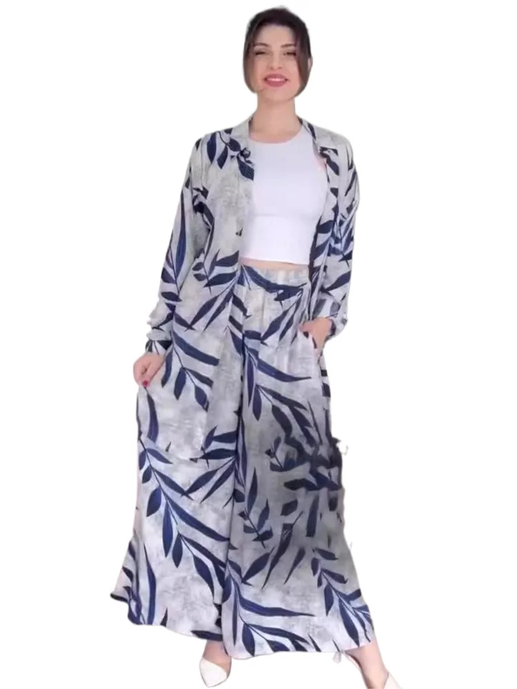 

Casual Sets Printed Pants Sets Long Sleeve Blouses Single Breasted High Waist Wide Leg Pants Women Matching Looes Outfits Sets