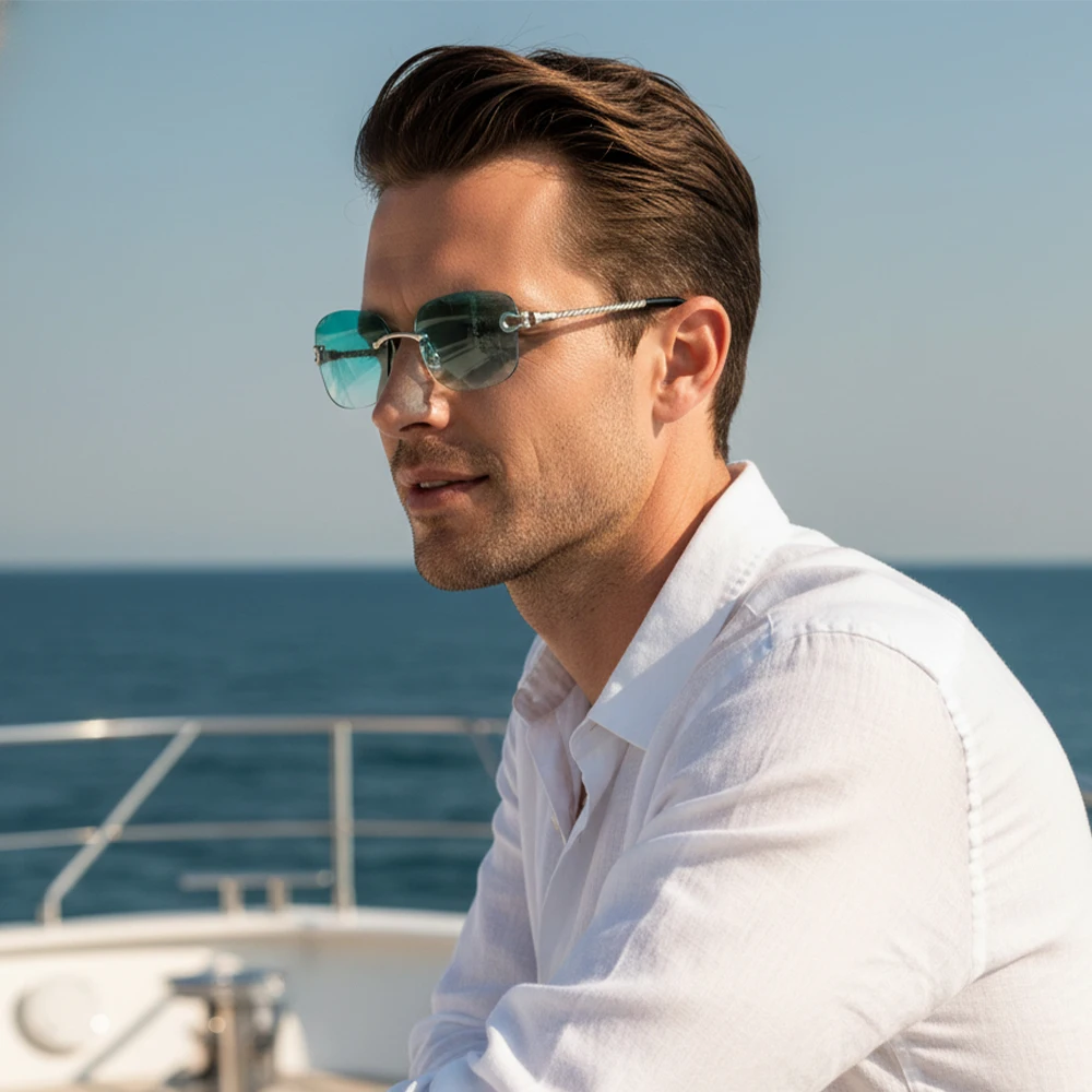 HBK Vintage Frameless Sunglasses Men Luxury Wave Cutting Metal Sun Glasses for Women Travel Shopping Shades Eyeglass UV400