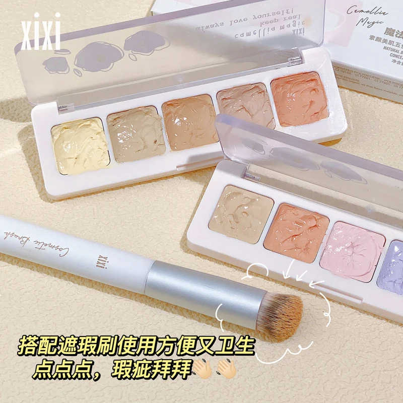 Smooth Five-Color Concealer Palette Full Coverage Waterproof Oil-Free Lightweight Concealer Makeup Brush Brighten Skin Tone