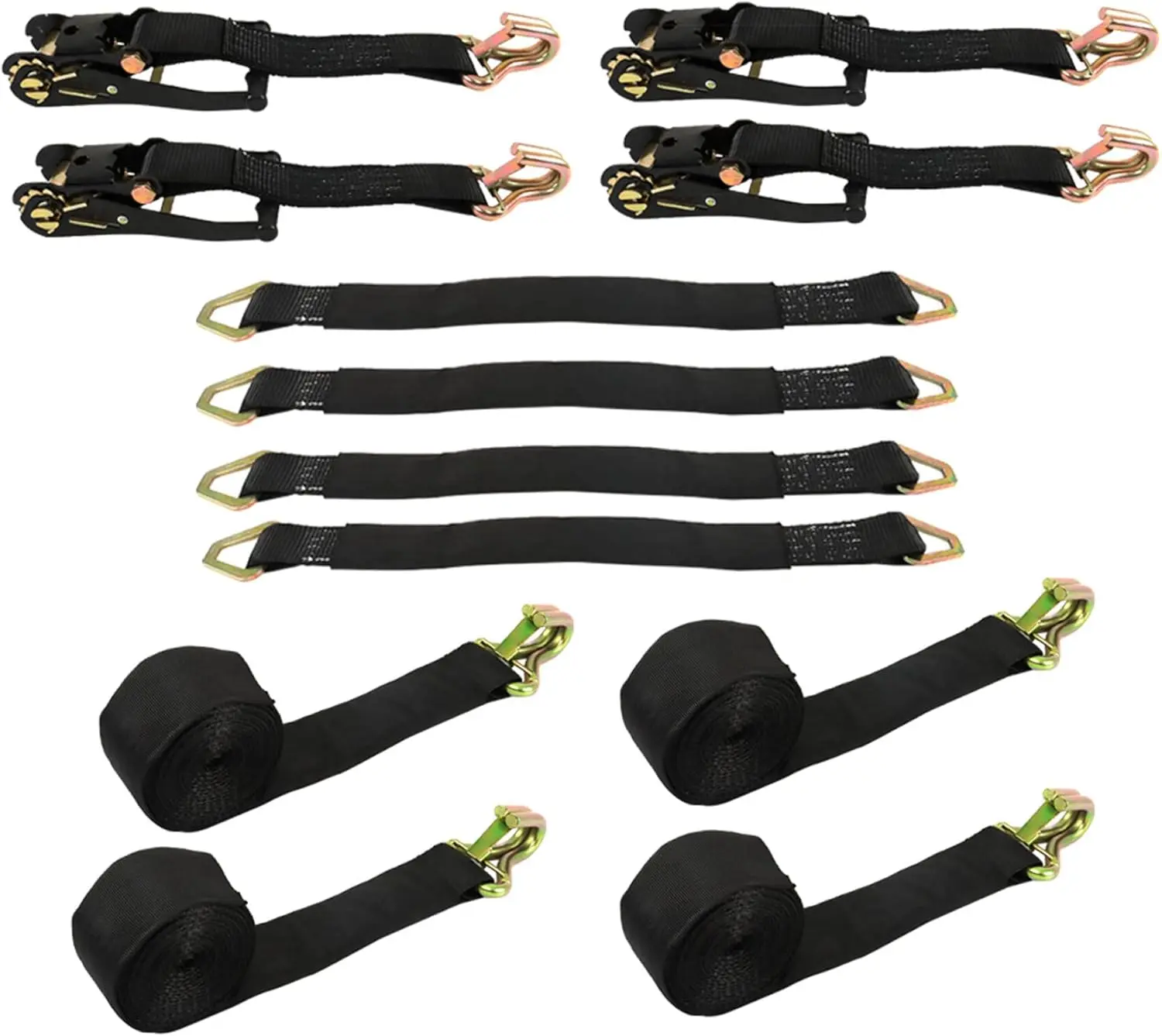 4 PCS Car Tie Down Axle Straps Kit with Heavy Duty Ratchet J-Hooks Clips 4 Velcro Loops for a Car Trailer