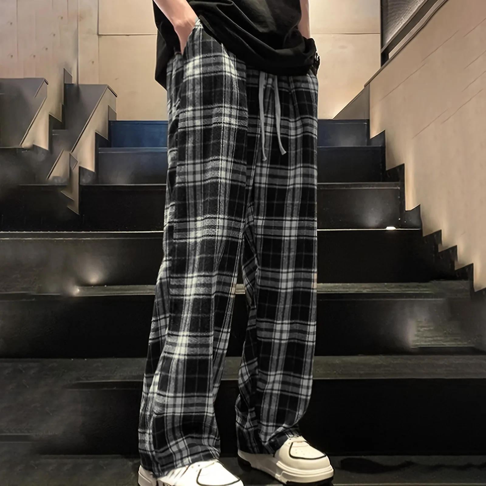

Men's Homewear Black Checkered Print Casual Pants Fashion High Waist Business Fashionable Comfortable Teens Loose Long Pants