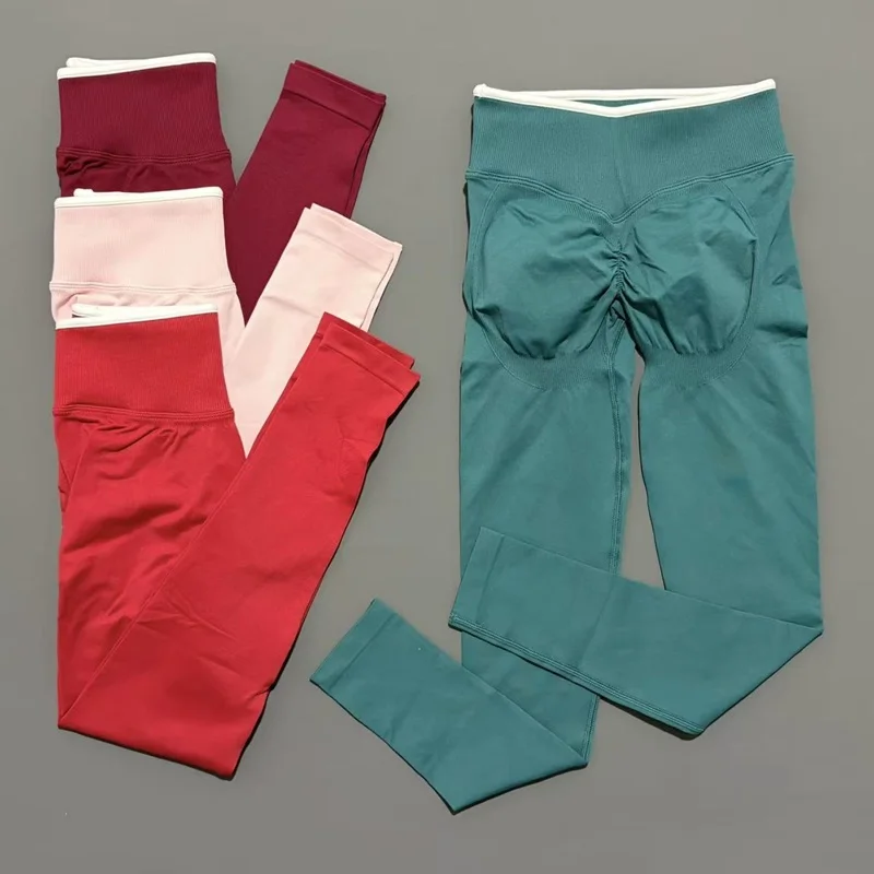 

HISTELLO Ignite Sculpt Scrunch Leggings Women Yoga Seamless Solid Color Pants White Edge Waist Fitness Sports Leggings