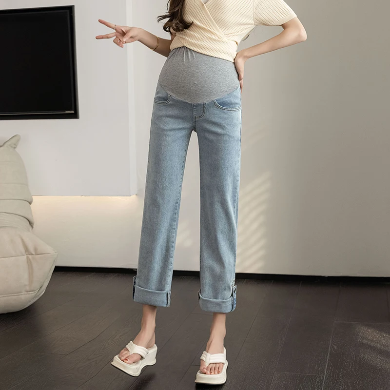 

Rolled Up Cropped Stretch Denim Jeans Maternity 2024 Autumn Fashion Slim Fit Straight Pants for Pregnant Women Pregnancy Youth