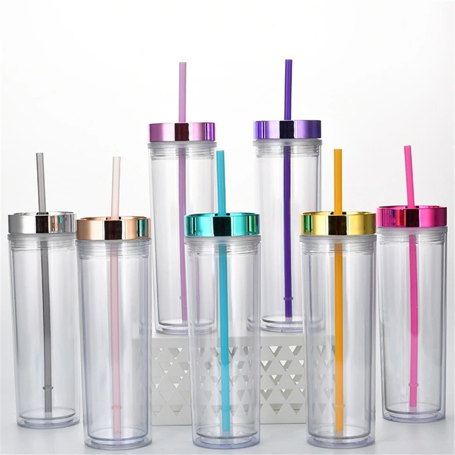 

120pcs/Lot 16oz/480ml PS Skinny Tumbler Plastic Mug Electroplated Lid 2-Wall Insulated Clear Cup Bottle Glass Free Straw