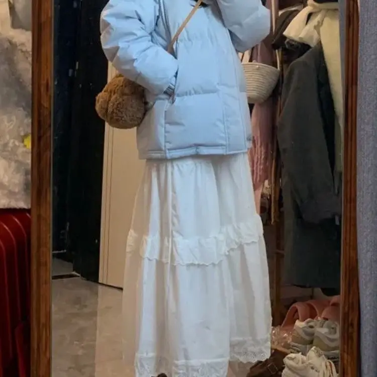 

White Lace Trim Half Skirt Commute Style Cake Skirt Midi Fashion Slimming New Arrival Layering Elegance Spring Summer