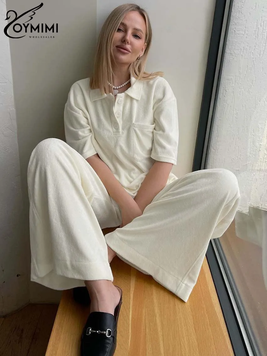 Oymimi Fashion Beige Two Piece Set For Women Elegant Lapel Button Half Sleeve Pockets Tops And High Waist Full Length Pants Sets