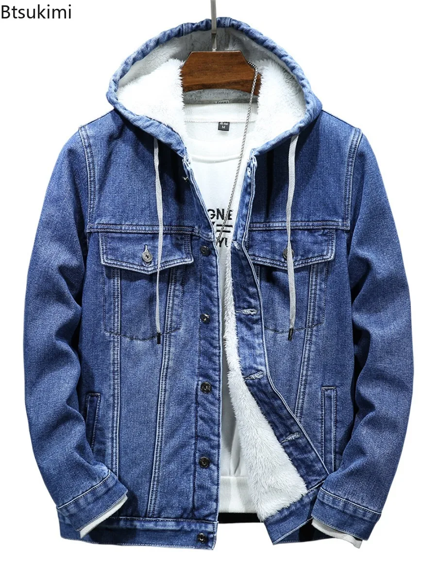 Thicker Winter Jackets Men's Warmer Hooded Denim Lambswool Hooded Padded Denim Jacket Imitation Lamb Wool Fleece Male Clothes