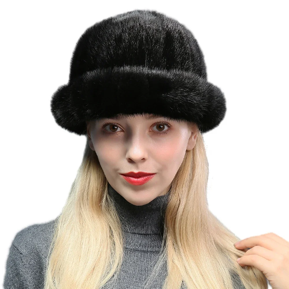 Women Real Whole Mink Fur Top Hat Winter Warm Cap Black Brown Coffee