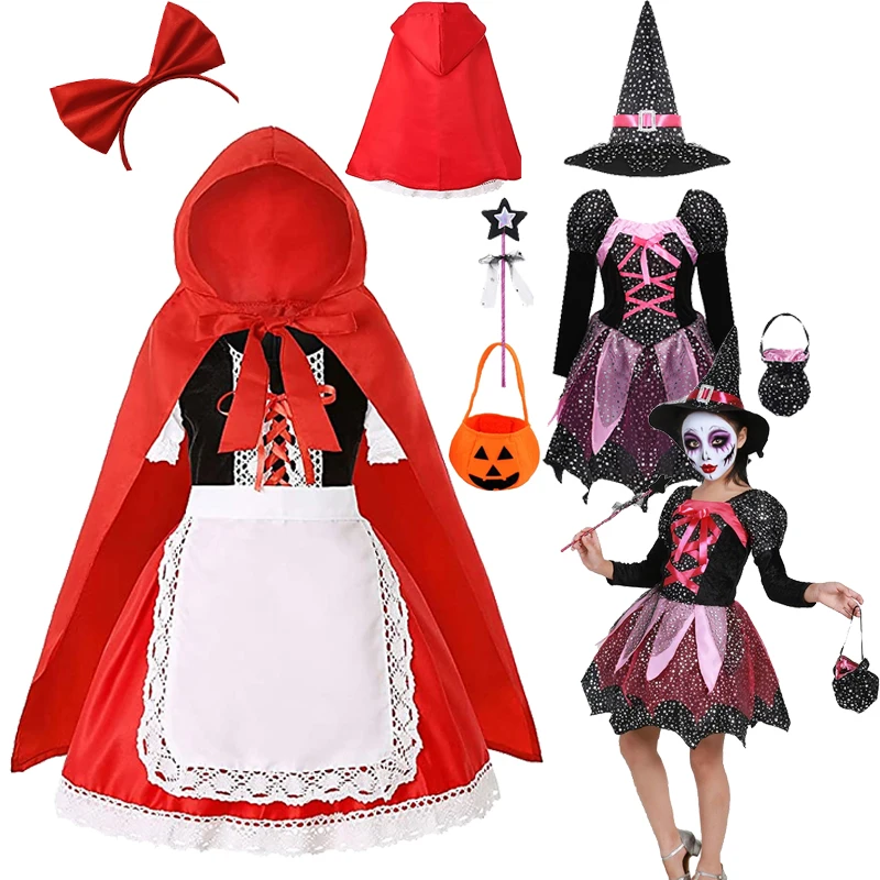 

Little Red Riding Hood Halloween Costume Halloween Witch Dress +Hats+wands +bags Children's Costume Party Cape Costumes