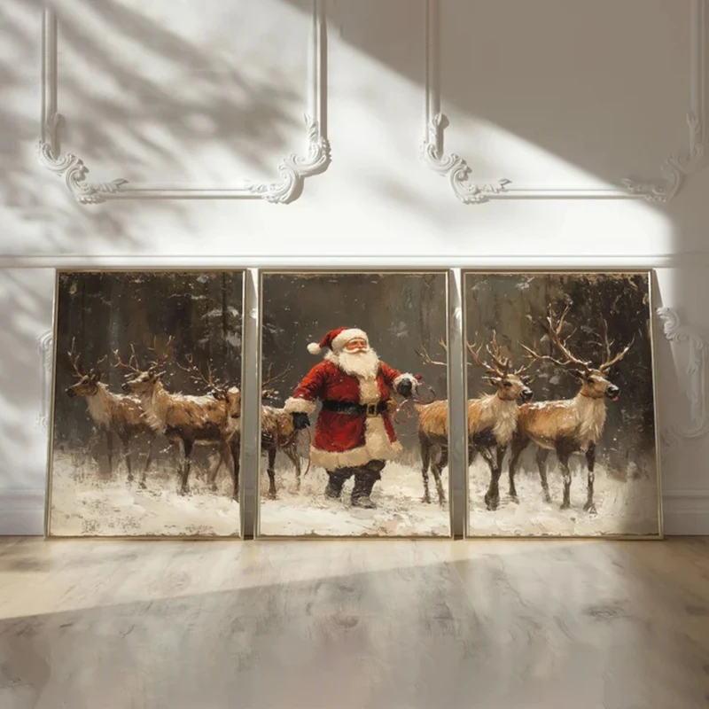 Set of 3 Santa and Reindeers Poster, Christmas Poster Set, Deer, Pine Tree Poster, Winter Wonderland, Christmas Home Decor