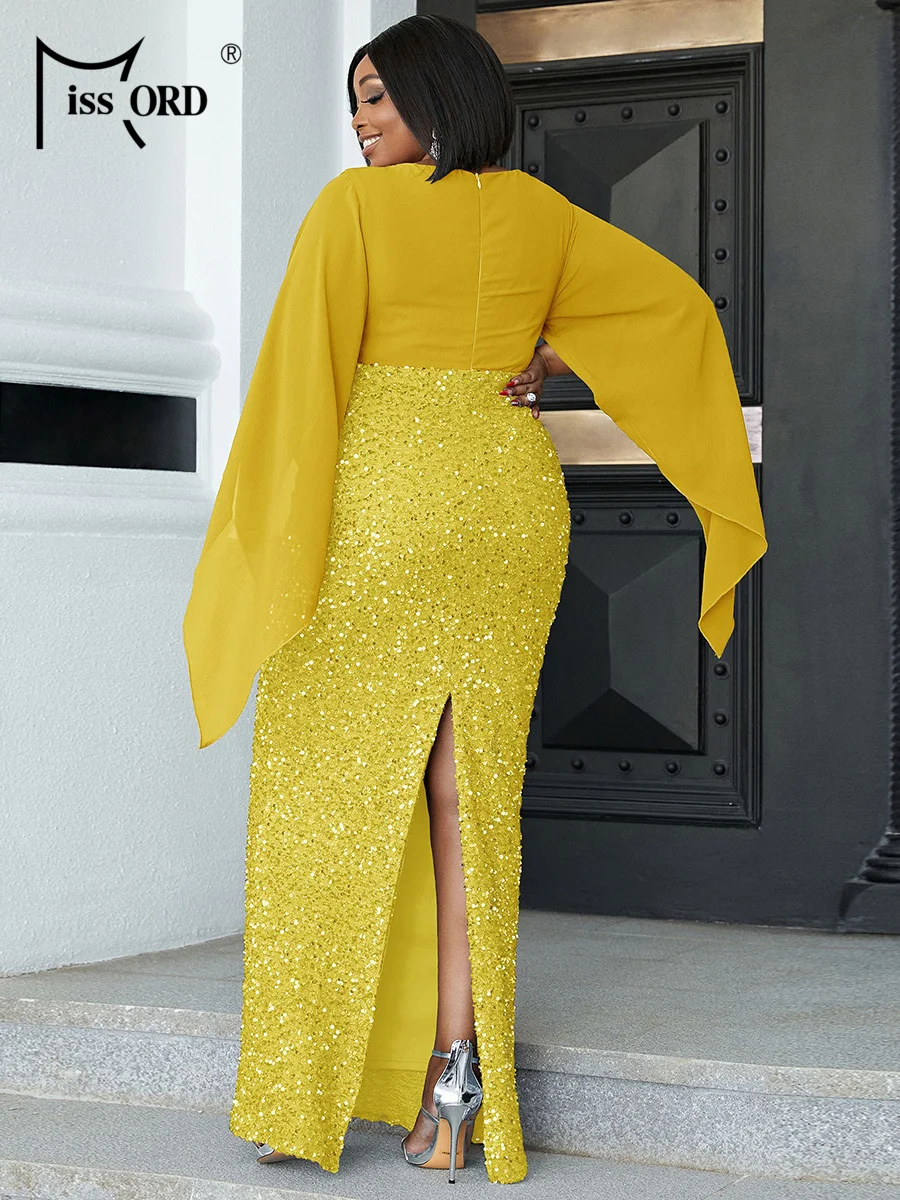 Missord Yellow Sequin Plus Size Wedding Party Dress Elegant Women V Neck Flare Sleeve Bodycon Prom Dresses Long Evening Gown