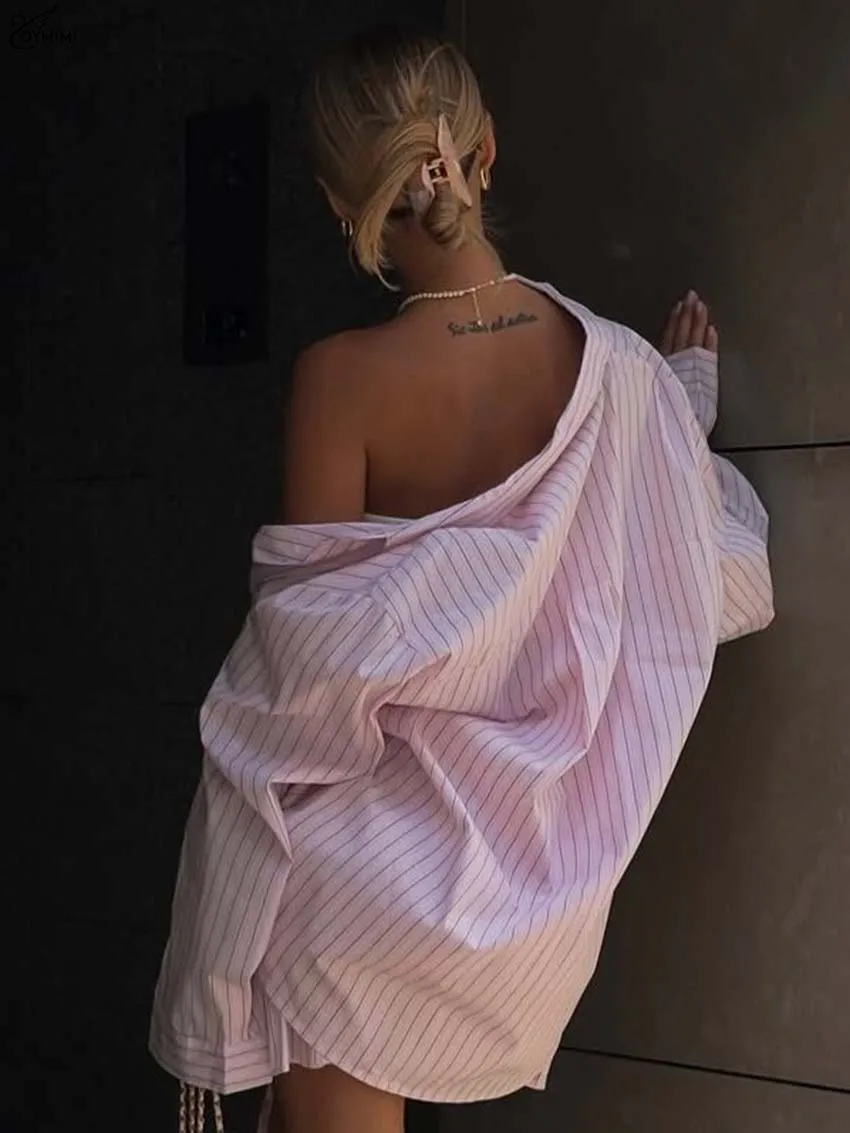 Oymimi Fashion Pink Print Two Piece Outfits Woman Elegant Long Sleeve Button Shirts And High Waist Cascading Ruffled Skirts Sets