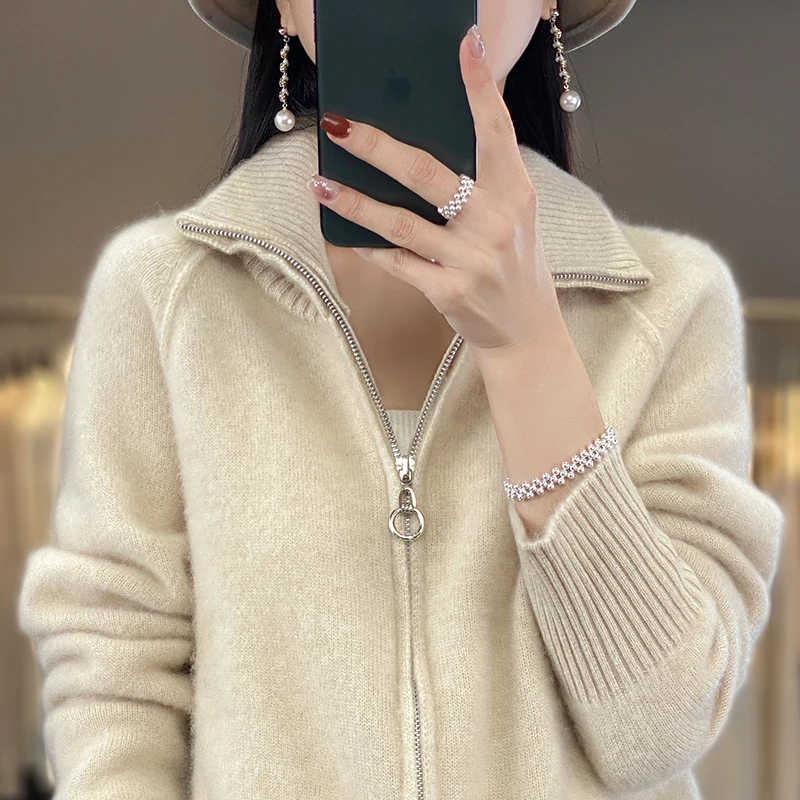 Fall/Winter 2023 New 100% Pure Wool Cardigan Women's Double Zipper High Neck Thick Loose Sweater Cashmere Tide