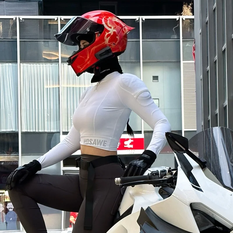 WOSAWE CE Level 2 Jaket Motor Wanita Sepeda Motor Seksi Slim Fit Setengah Ritsleting Kemeja Musim Panas Musim Gugur Pakaian Yoga Kebugaran Lari