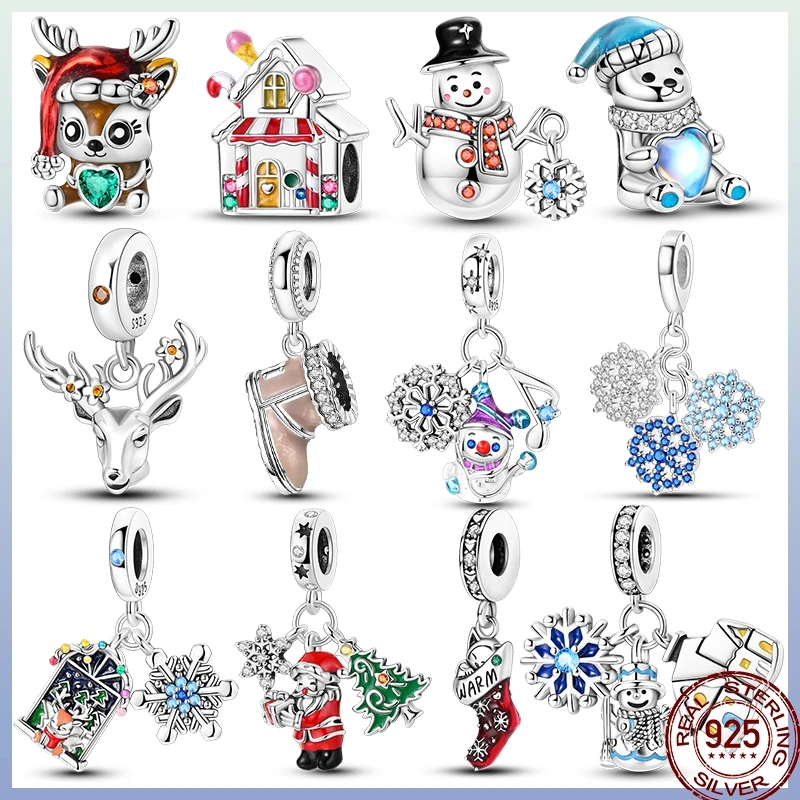 

New 2024 Christmas 925 Sterling Silver Snowman Santa Claus Romantic Ornaments Beaded For Pandora Original Bracelet Diy Jewelry