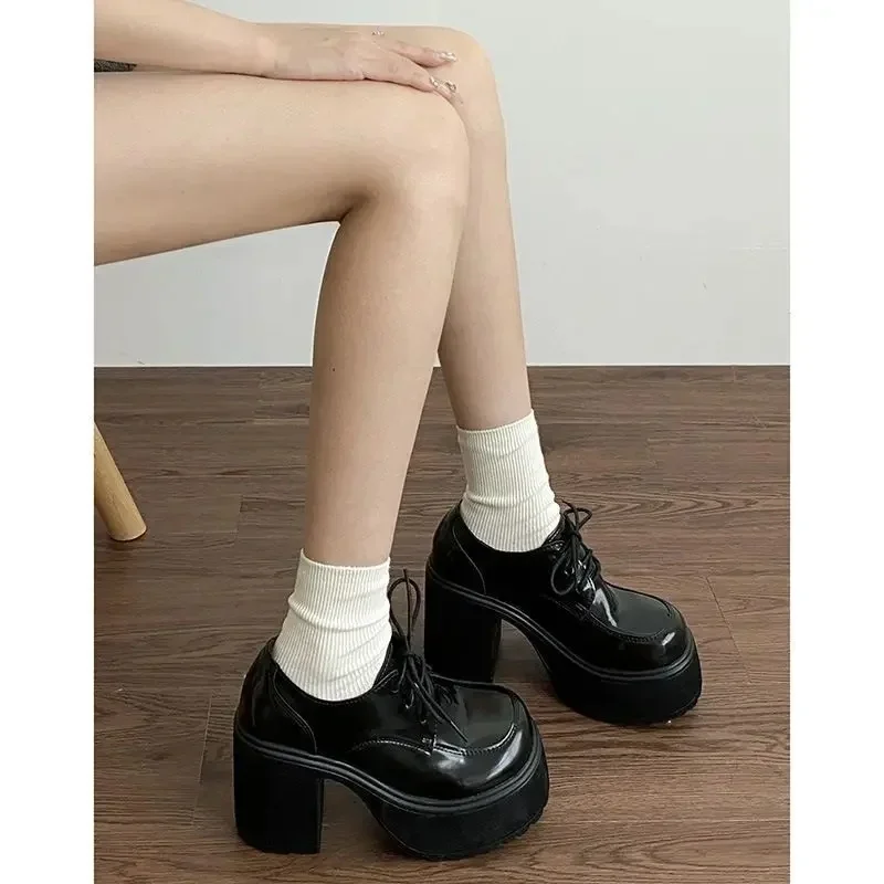 

2025 Woman Loafers Shoes Casual Chunky High Heels Pumps All-Match Roman Style Lace-Up Round Toe Autumn Black Mary Janes Shoes