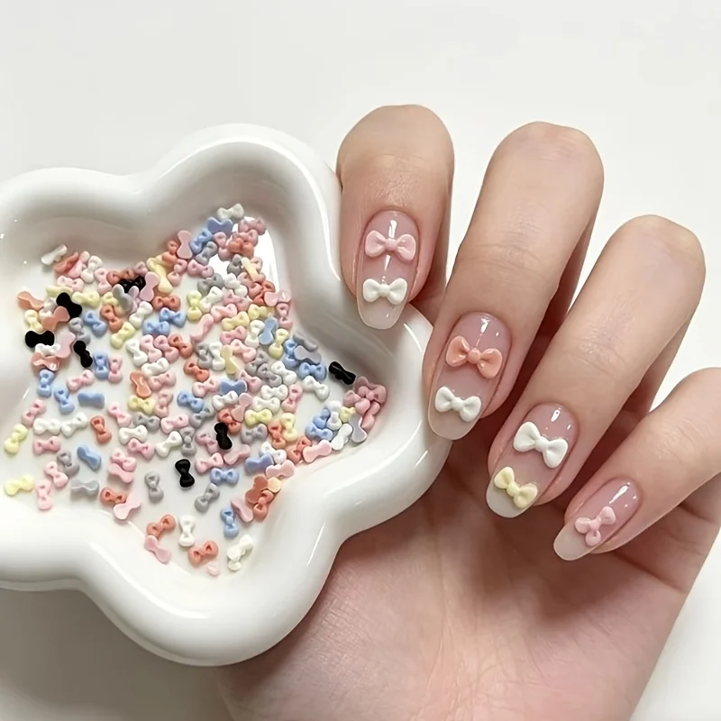50pcs Macaron Mini KT Bow Nail Charms Japanese Soft Cute Candy-Colored 3D Bows, Girly Mixed Resin Bows, Suitable for Various Nai
