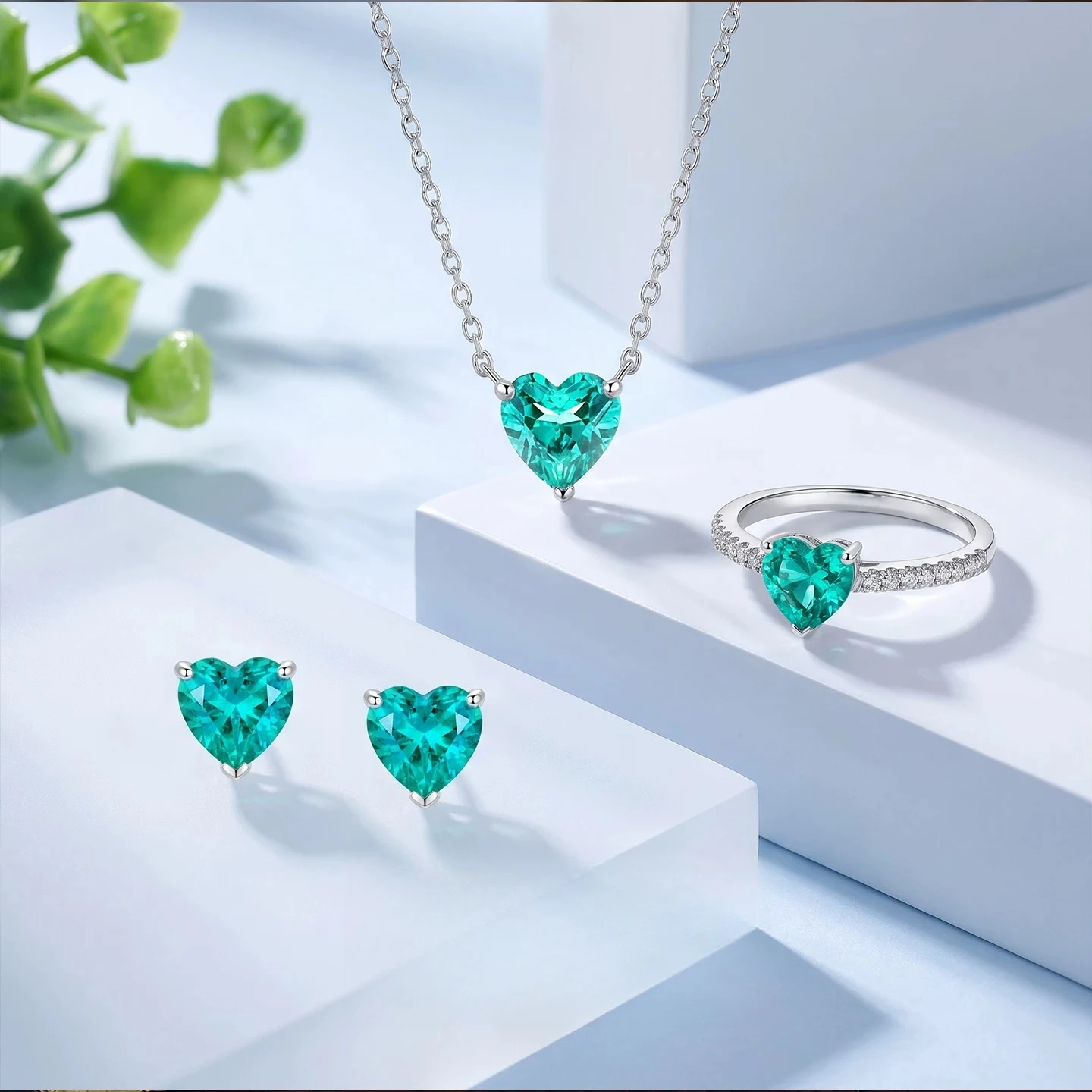 S925 Silver Ear Nail Paraiba Color 6 * 6mm Heart Shaped Zircon Inlaid Fashion Love Women's Jewelry view 4