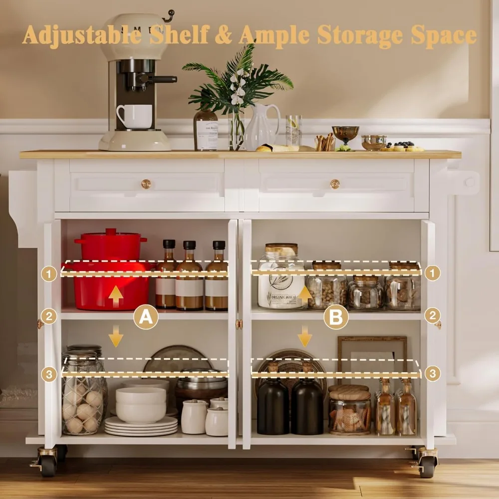 جزيرة المطبخ المتداول مقاس 51.2 بوصة مع أوراق قطرة - عربات المطبخ على عجلات مع مساحة تخزين، رف المناشف، طاولة جزيرة الأدراج للمطبخ #5