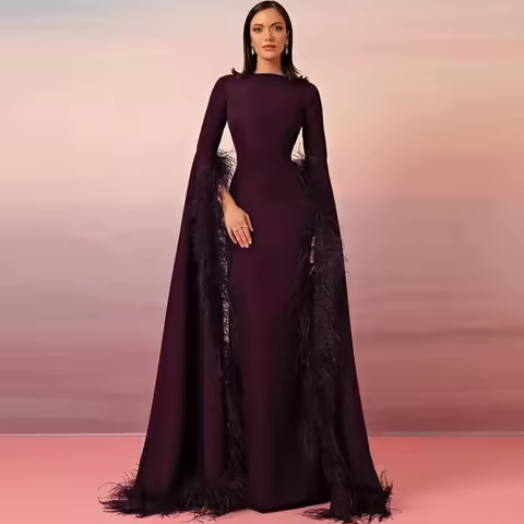 Elegant Jersey Long Sleeves Evening Dress High Quality Feathers Customized Prom Dresses Luxury Mermaid Special Occasion Gowns