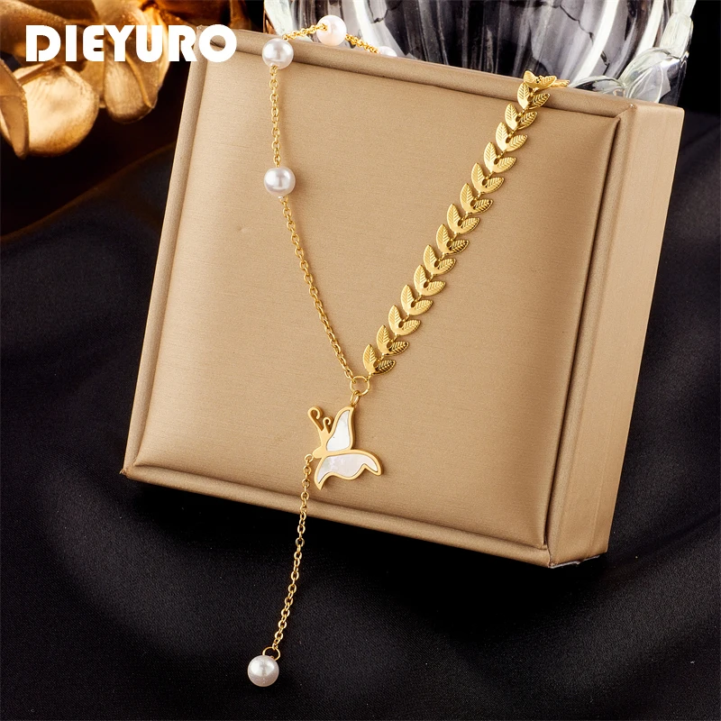 DIEYURO 316L Stainless Steel Butterfly Pearl Long Pendant Necklace For Women New Trend Female Leaf Clavicle Chain Jewelry Gifts