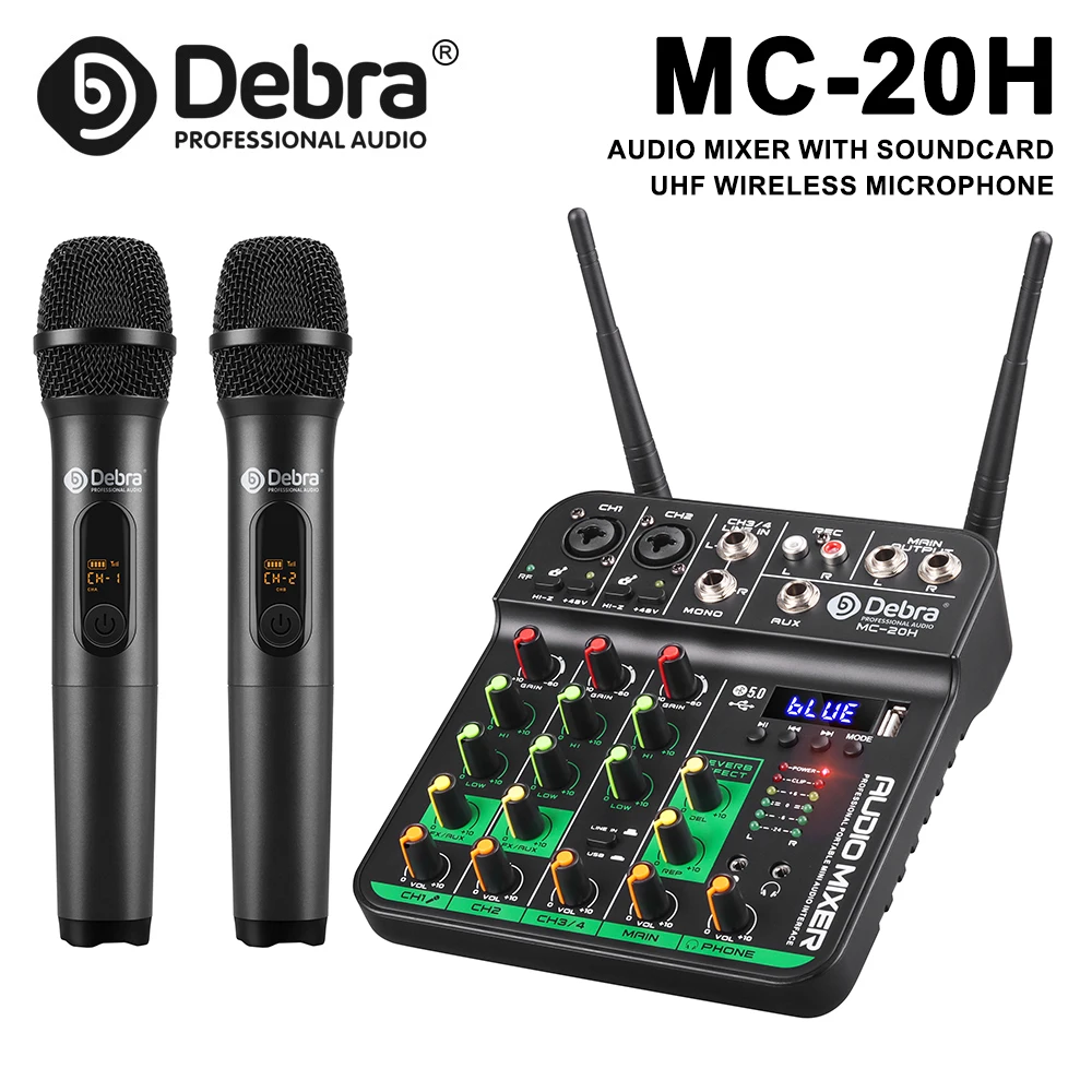 MC-20H UHF 4-Channel Audio Mixer with Dual Wireless Microphones, Bluetooth 5.0, DJ Audio Tuner for Bands, Webcasts, Karaoke