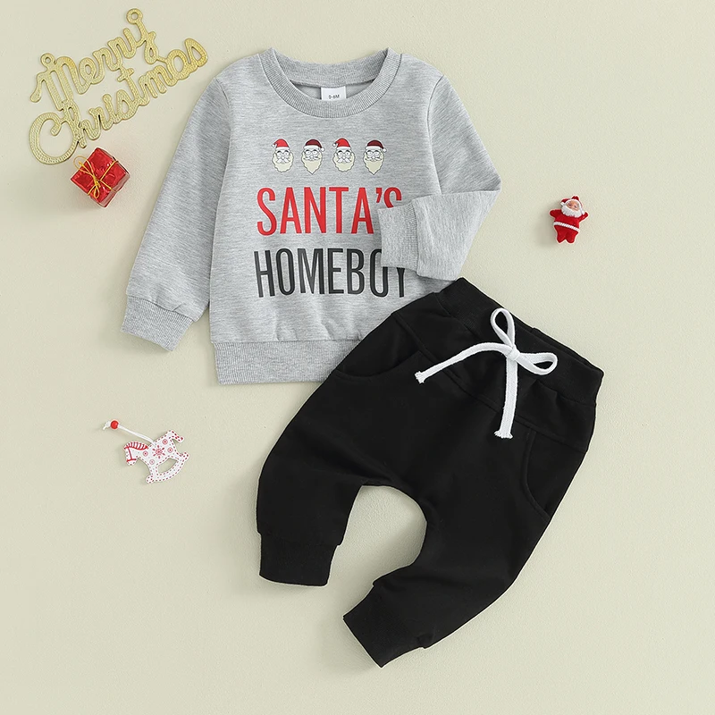 

2023-09-04 Lioraitiin 0-3Y Baby Boy Christmas Outfits Long Sleeve Santa Letter Print Sweatshirt + Trousers Set Toddler Clothes