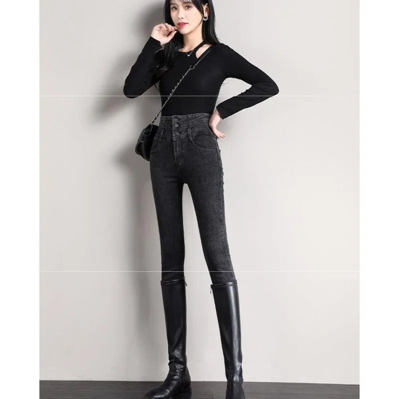 

This Winter's New Gray-black Tight-fitting Small-footed Plus Fleece Thick Outfit Is Trendy and Makes Women Look Slimmer Trousers