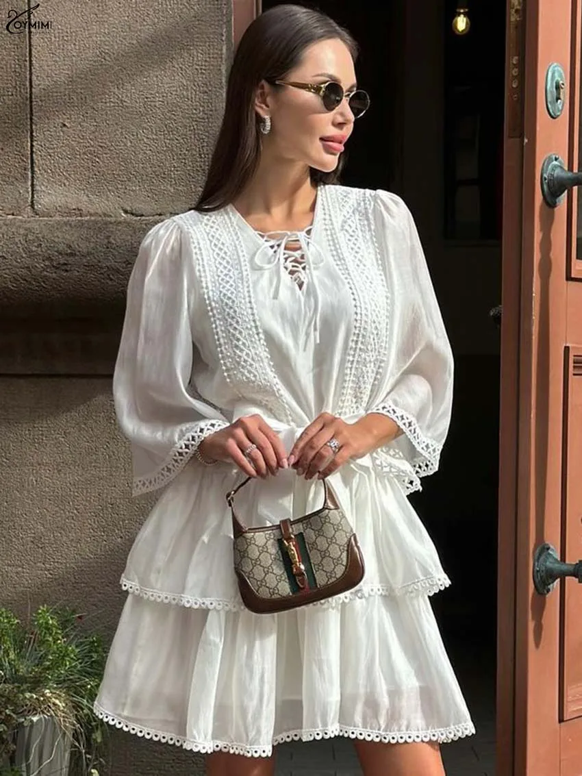 

Oymimi Elegant White V-Neck Women's Dress Fashion Three Quarter Sleeve Lace-Up Dresses Casual Lace Pleated Mini Dresses Female