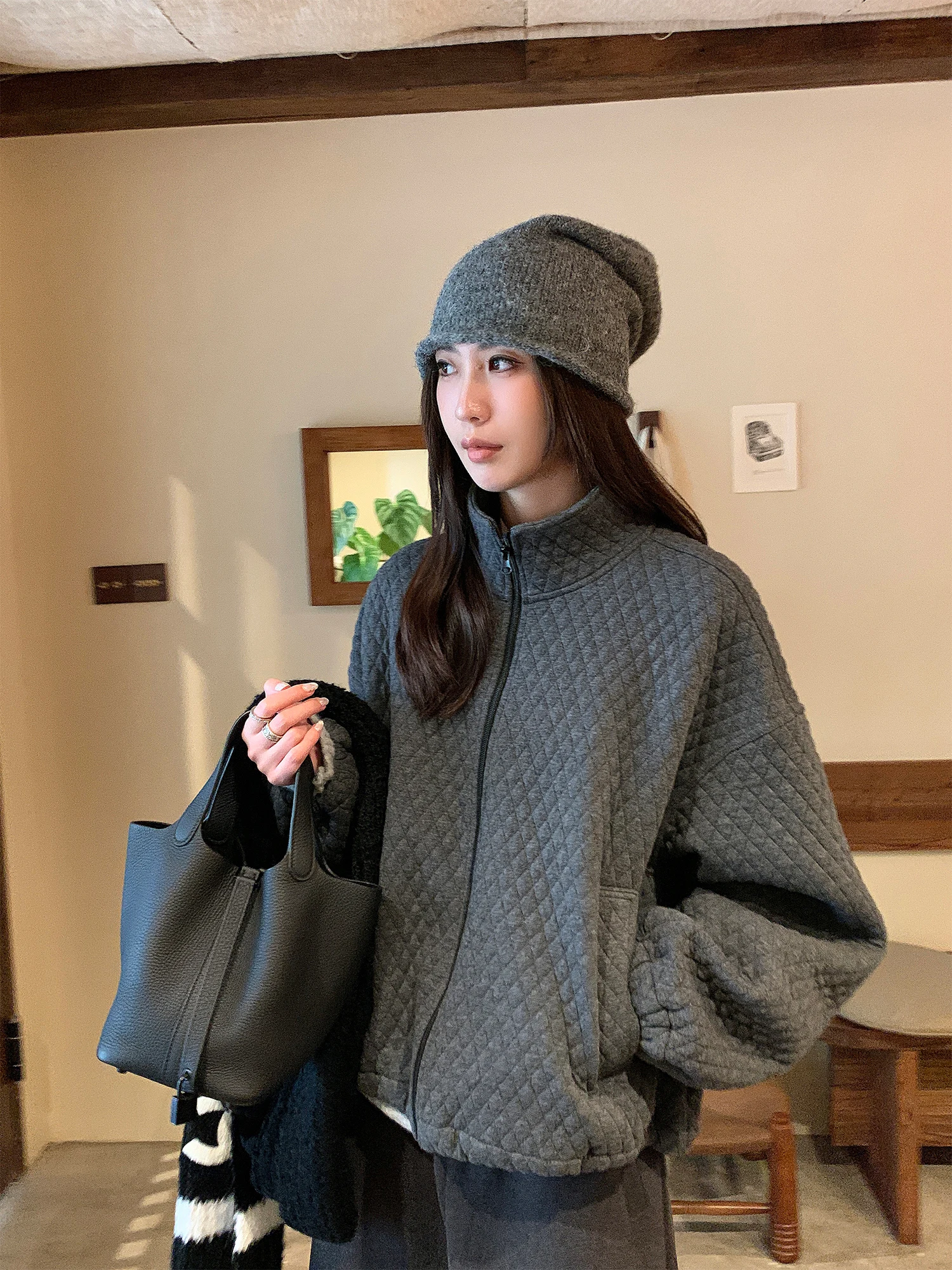 

A Salt Series Fce Lined Cotton Jaet Women's Loose Casual Thi ort Coat ey Winter Outerwear Warm Polyester Fabric