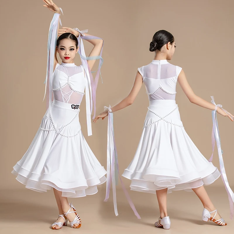 

2024 Ballroom Dance Competition Clothing For Girls White Bodysuit Big Swing Skirts Suit Chacha Waltz Modern Dance Dress DN17224